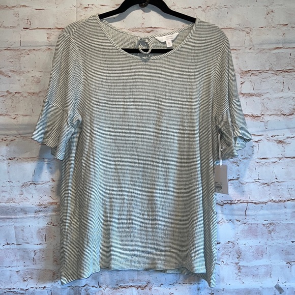 NWT Lauren Conrad flutter short sleeve stripe pullover blouse scoop neck keyhole - Picture 1 of 8